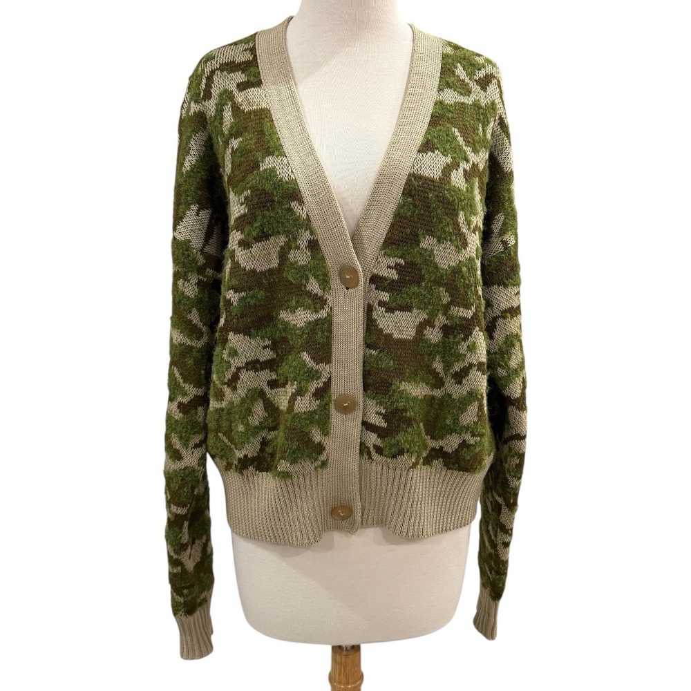 NSF - Rangu Crop Cardigan In Camo Jacquard In Green Made In Peru Size Medium